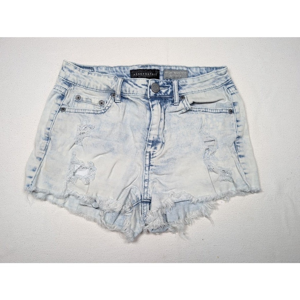 Aeropostale High Waisted Shorty Shorts Size 2 Distressed Denim Acid Wash Booty